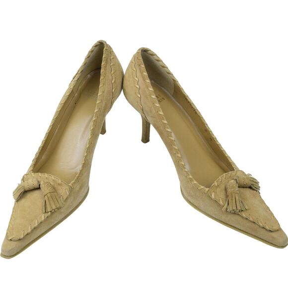 Stuart Weitzman Tan Suede Whipstitch Western Pointed Toe Low Kitten Heel Size 8 - Picture 4 of 12